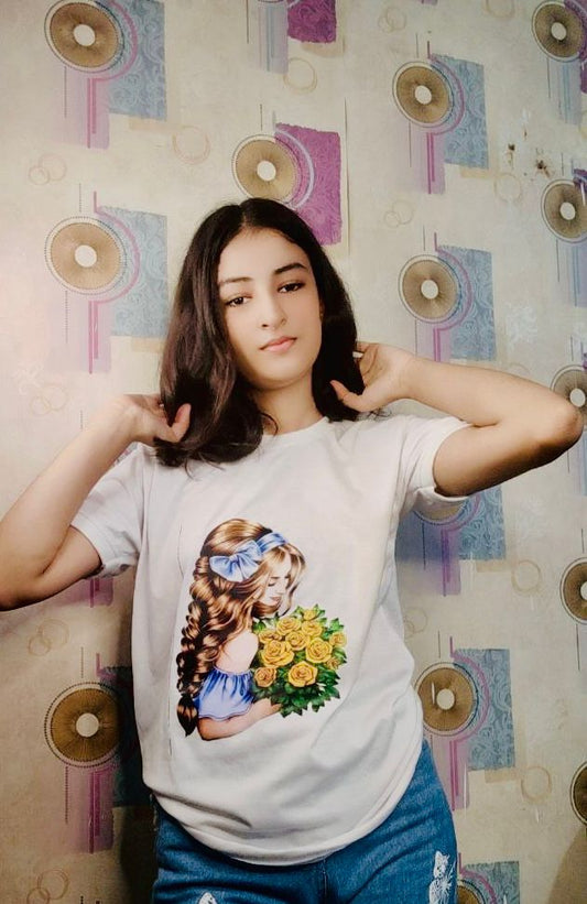 White T-Shirt with Floral Girl Graphic Print - Yellow Rose Bouquet Design | Soft Cotton Tee
